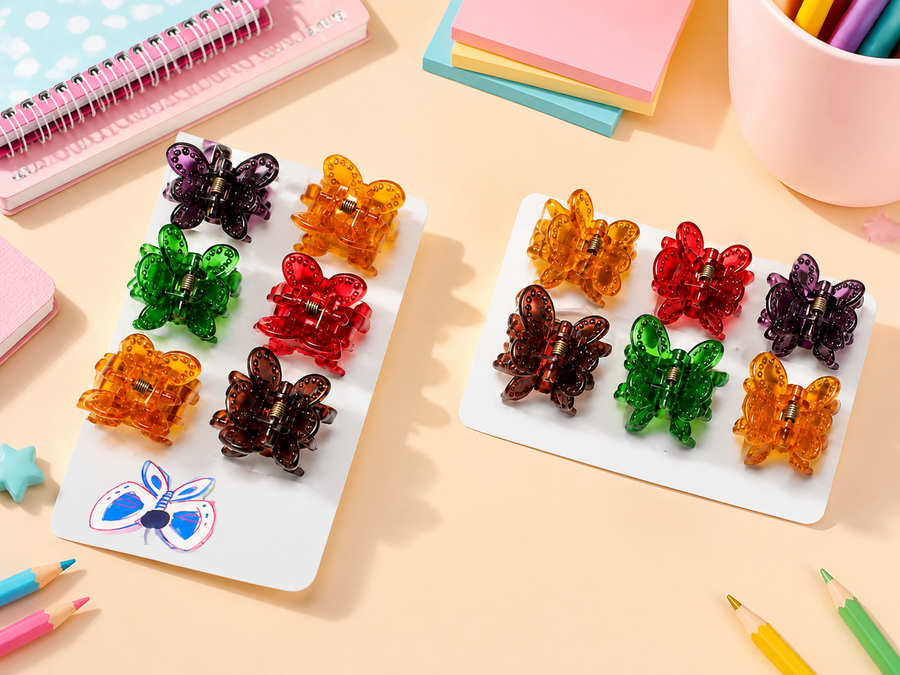 Assorted butterfly hair claw clips on a display card