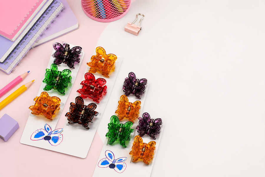 Assorted butterfly hair claw clips on a display card