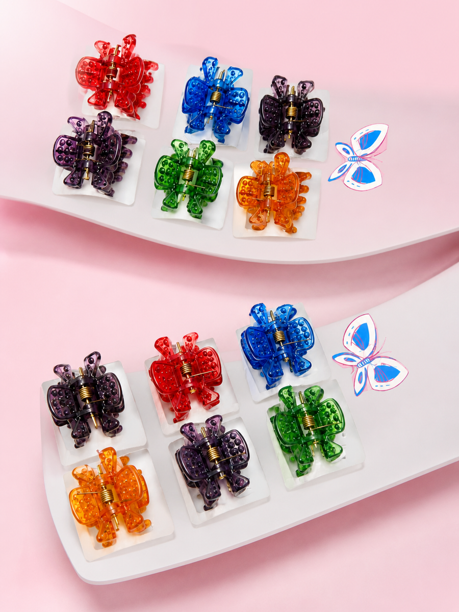 Assorted butterfly hair claw clips in a display set