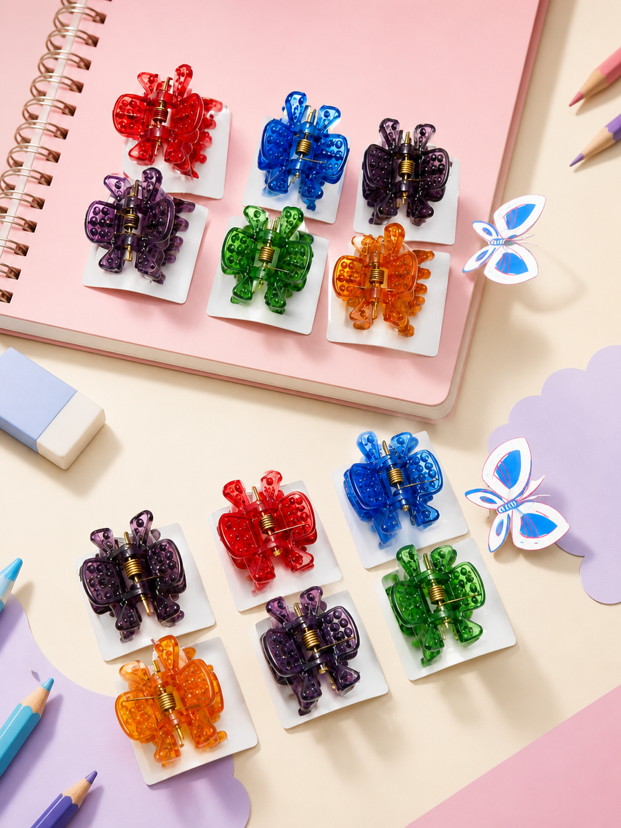 Assorted butterfly hair claw clips in a display set