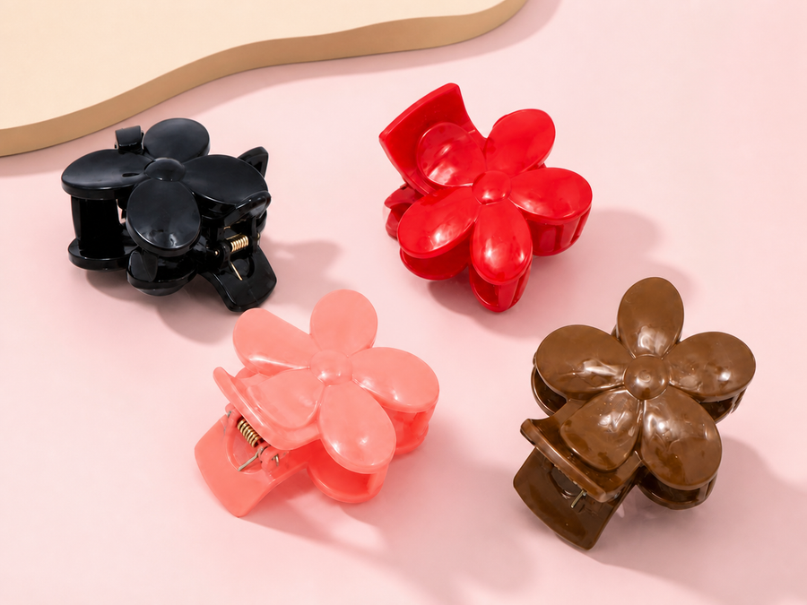 Flower hair claw clips in black red peach and brown shades