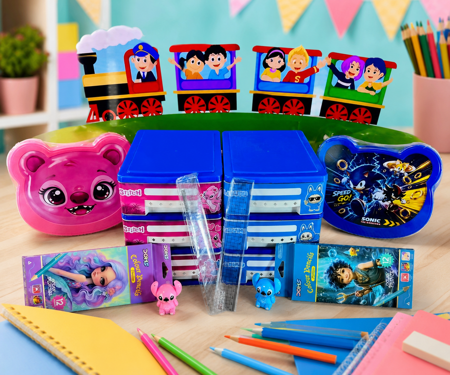 Character train school stationery and storage bundle