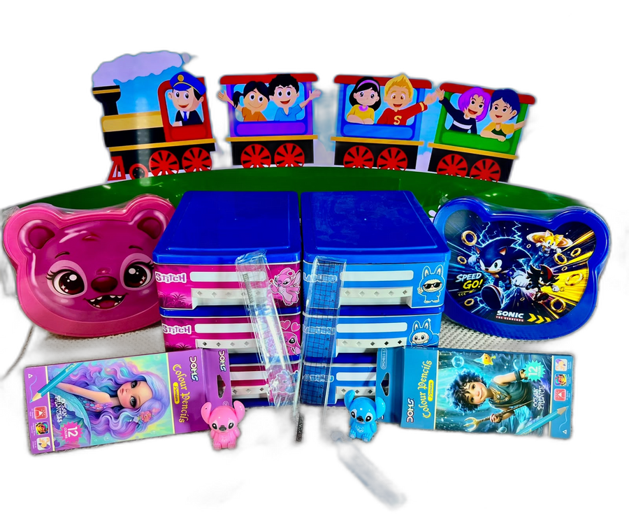 Character train school stationery and storage bundle