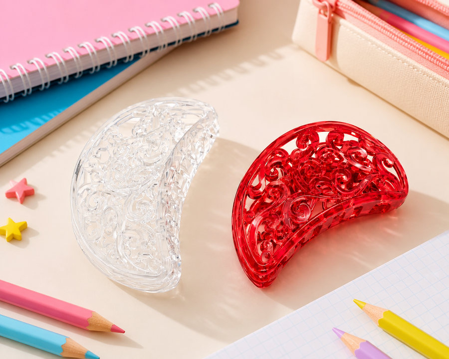 Curved barrette hair clips in red and clear finishes