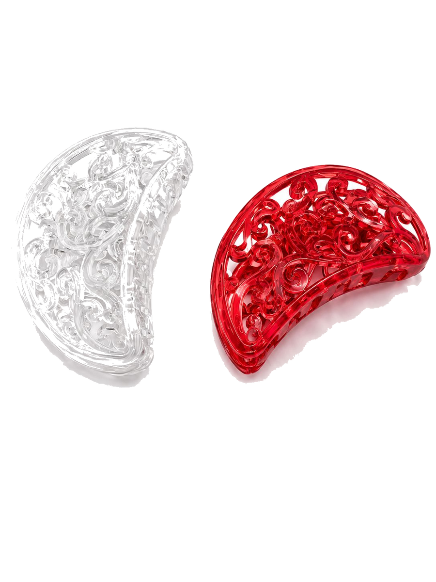Curved barrette hair clips in red and clear finishes