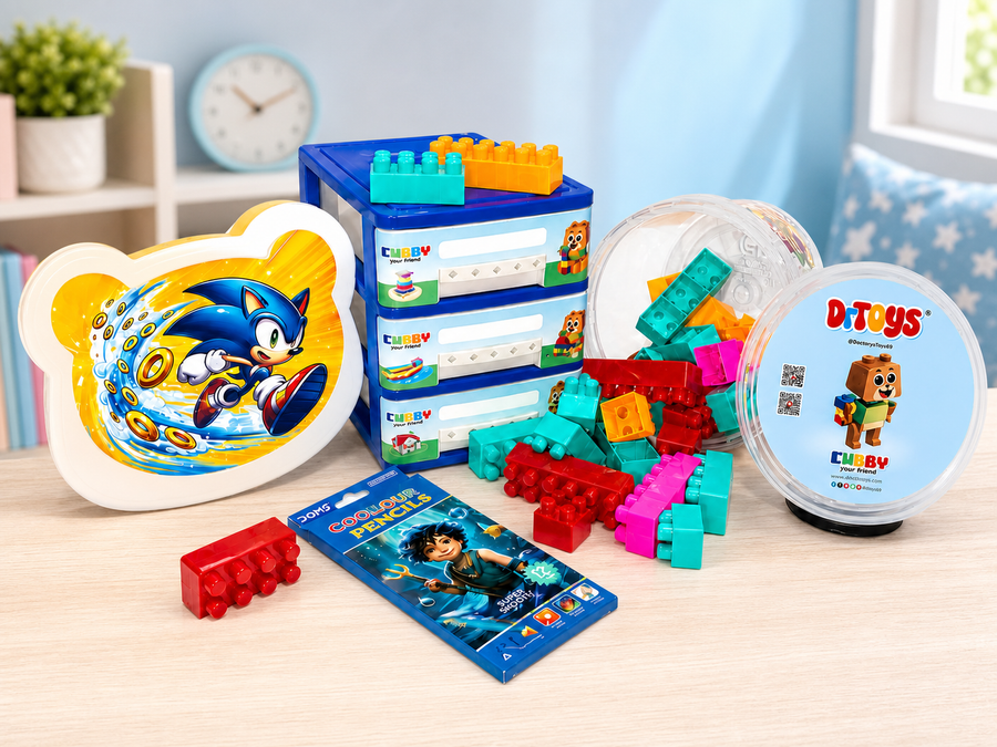 Character cubby building block and pencil bundle