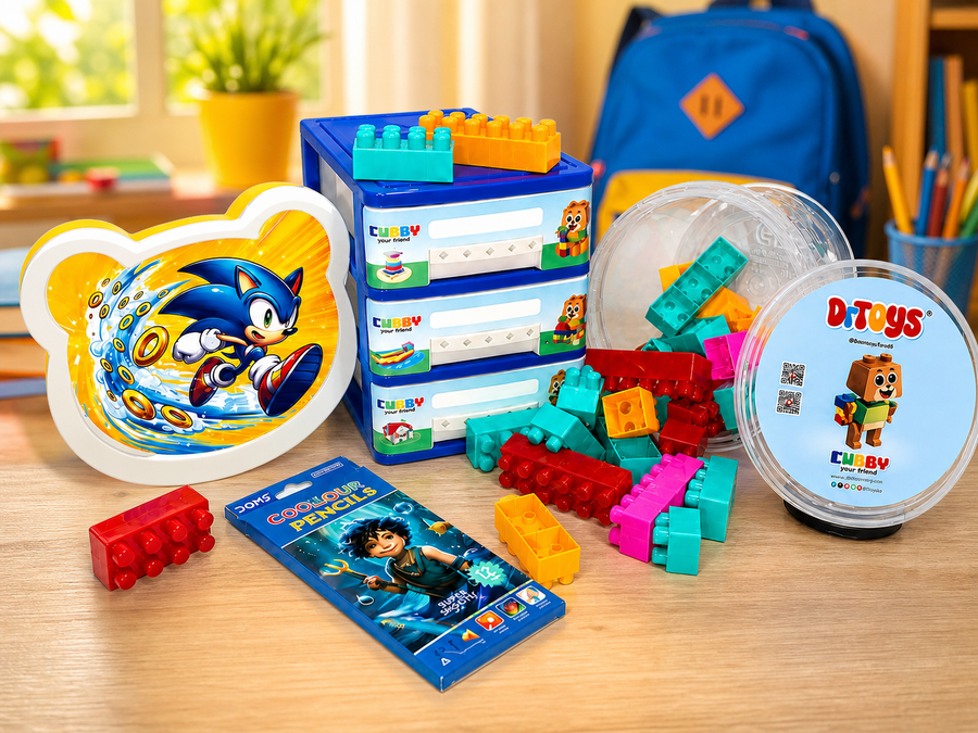 Character cubby building block and pencil bundle