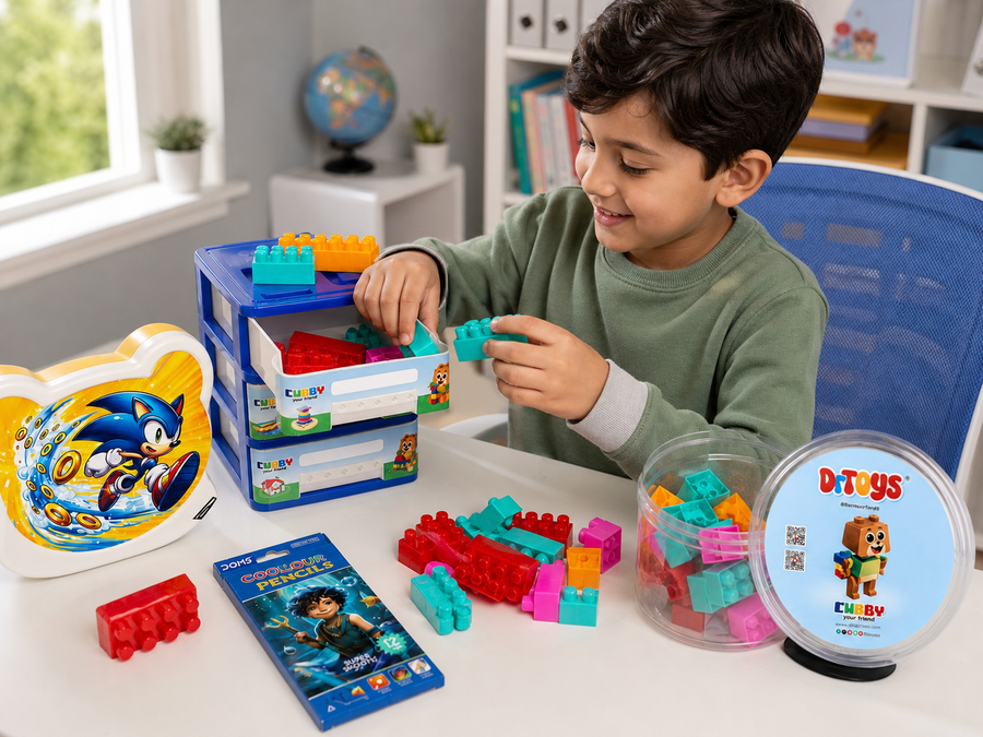 Character cubby building block and pencil bundle
